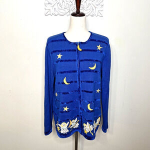 QUACKER FACTORY Sweater LARGE Vintage Cardigan Angels Night Sky Stars Moon BLUE